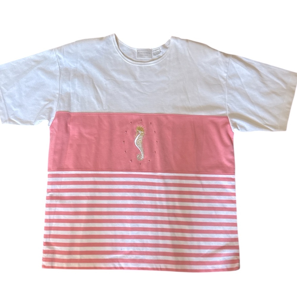 Nordstrom Town Squate Pink & White Short Sleeves embroidered Top Large